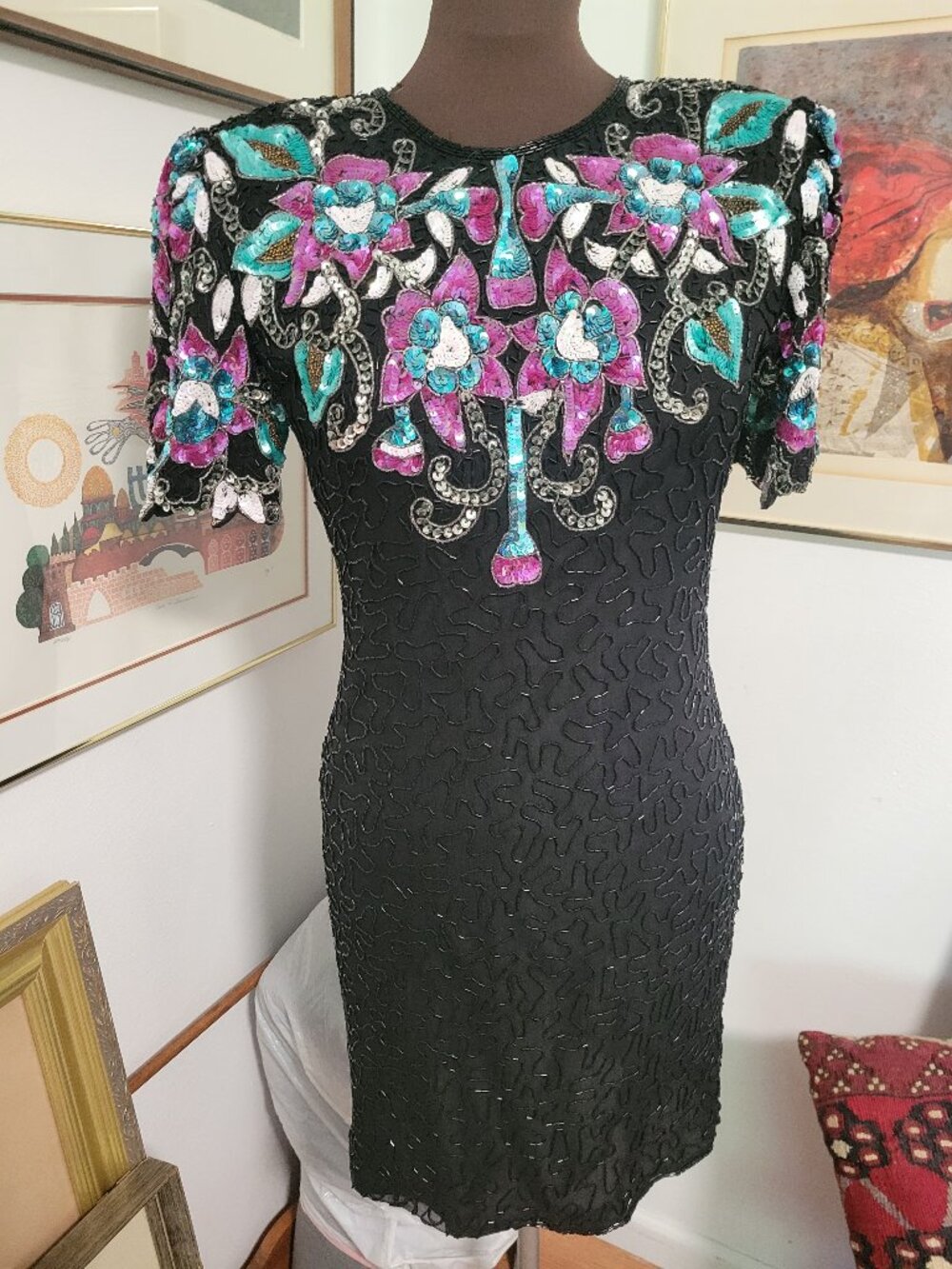 Vintage 80's Silk Beaded Cocktail Dress Size Small By Laurence Kazar